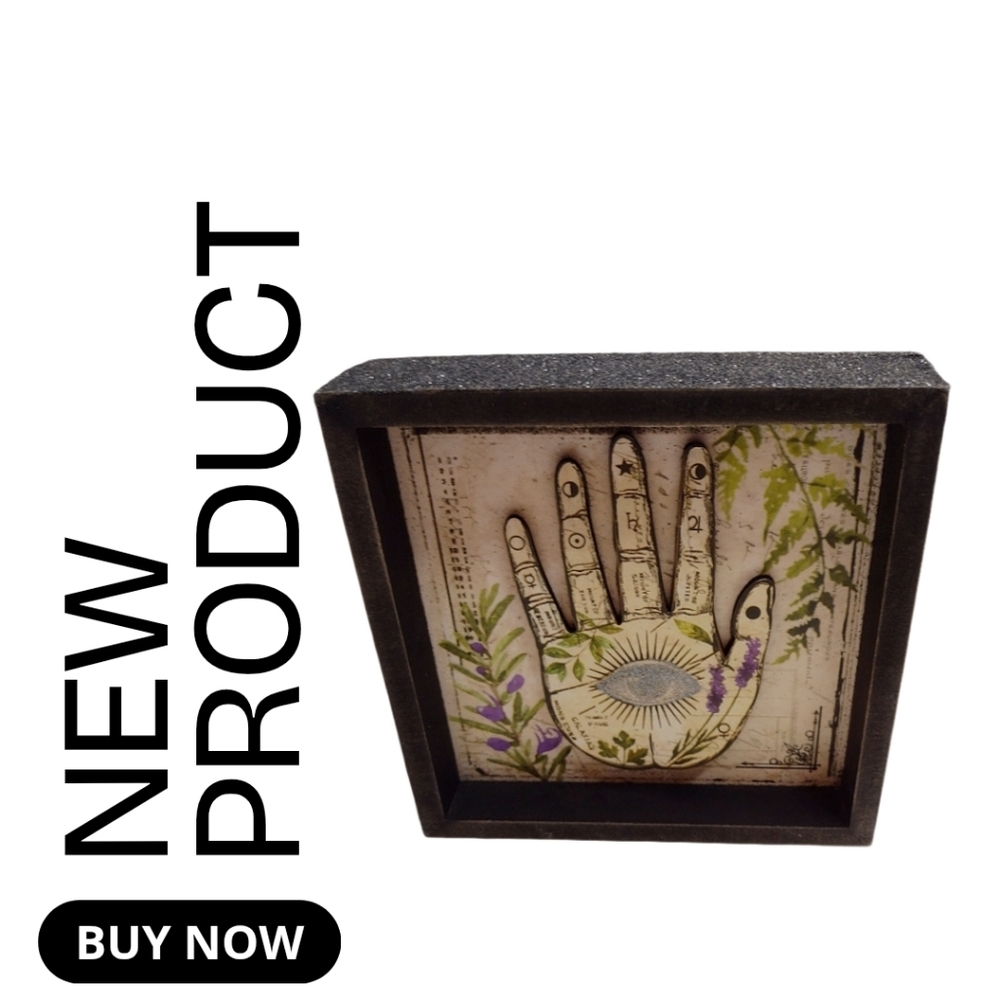 NEW Mini Decorative Palm Reader Hand Art in Black Glitter Frame